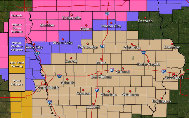 WINTER STORM WARNING for Kossuth, Worth, Winnebago, Mitchell, Mower MN, Freeborn MN and Faribault MN and a WINTER WEATHER ADVISORY for Cerro Gordo, Floyd, Hancock and Humboldt counties.