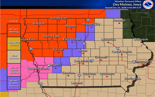 A BLIZZARD WARNING, WINTER WEATHER ADVISORY and WIND ADVISORY for all of northern Iowa through Midnight Tonight.
