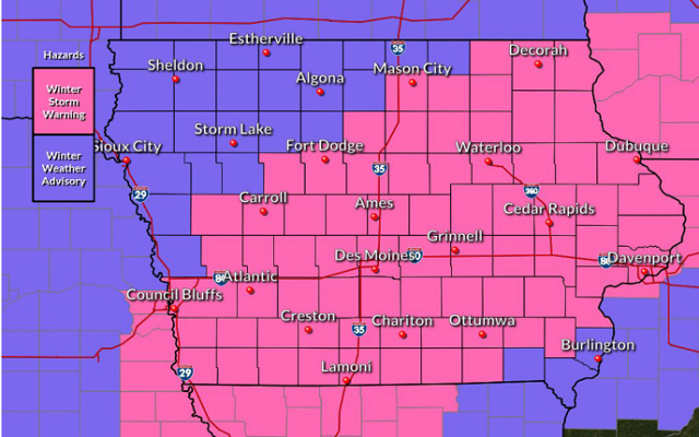 A WINTER STORM WARNING and WINTER WEATHER ADVISORY are in effect for northern Iowa and southern Minnesota Tuesday into Wednesday