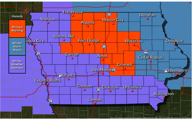 a BLIZZARD WARNING and a WINTER STORM WATCH are in effect for portions of north Iowa and southern Minnesota Thursday morning into Friday morning. Significant travel impacts from blowing snow and icy roads.
